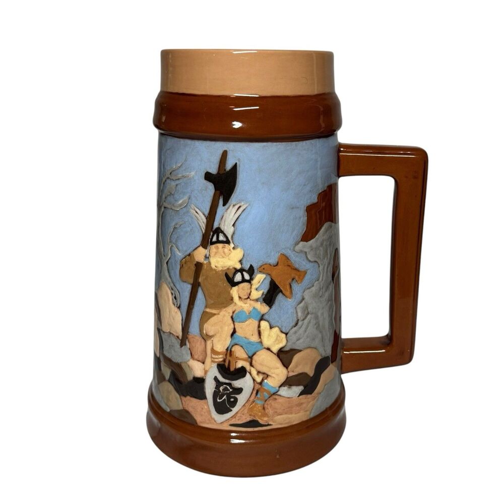 Vtg 85' Hand-Painted 10" Ceramic Viking Warriors  Open Top German Beer Stein